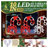 HappyAlley 6 Pack Christmas Window Decorations, 10 in. 300 LED Hi Vibrant Twinkling Lighted Candy Cane Window Light with Bows, Waterproof Outdoor Red and White Candy Cane Decorations for Walls, Porch