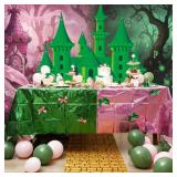 4 Pcs Pink and Green Witch Birthday Party Decorations Wizard Trunk or Treat Car Decor Large Brick Runner Pink Green Holographic Tablecloth Wizard Castle Backdrop for Witch Princess Friends Party