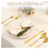 Astercook Silverware Set 48-Piece Gold Flatware Set with Steak Knives Food-Grade Stainless Steel Cutlery Set for 8 Mirror Polished Utensils Set Include Spoons and Forks for Home Kitchen Restaurant