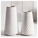 Ceramic Vase for Decor, 6 Inch+7.1 Inch White Flower Vase for Lego Flowers, Tulip and Pampas Grass, Embossed Farmhouse Vases for Centerpieces,Home Living Room Dining Table Office Decor, Arctic White