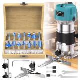 TwoWin Router Tool, 110V 800W Compact Wood Router Tool for Woodworking, Electric Hand Trimmer 1/4 Collets Palm Wood Router Tools Laminate Trimmer + Tungsten Carbide Router Bits 15-Piece Set
