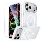 Peerock for iPhone 17 Pro Case with Stash Lens Stand and 9H Screen Protector, Compatible with MagSafe, Military-Grade Drop Protection Phone Case for iPhone 17 Pro, 360° Full Protection, Frosted Clear