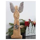 AuldHome Design Wooden Angel Christmas Statue; Farmhouse Holiday Decor Wood and Metal Figurine