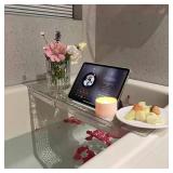 IEEK Expandable Bath Tray with Wine and Book Holder - Clear Acrylic Bathtub Caddy Shelf - Plastic Board Gift for Women