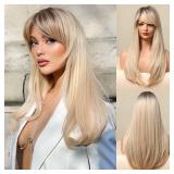 Honygebia Long Blonde Wig with Bangs - Ombre Dark Root Blonde Wigs for White Women, Striaght Wavy Synthetic Heat Resistant Hair, Natural Cute Wigs for Halloween/Christmas/Cosplay/Party