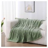 Linecooo Sage Green Fleece Throw Blanket 50x60 for Couch Sofa Bed,Super Soft Cozy Plush Microfiber Flannel Blanket with Stripes Design Lightweight for Adults,Woman,Girls