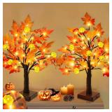 TURNMEON Fall Decor 2 Pack 18 Inch Prelit Fall Maple Tree Fall Decorations for Home with 48 LEDs Timer Battery Operated Pumpkin Lights 6 Acorn Lighted Thanksgiving Halloween Decor Table Indoor Outdoor