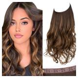SARLA Invisible Wire Hair Extensions with 3 Clips Long Synthetic Wavy Curly Hairpiece Adjustable Transparent Headband for Women 18 Inch Dark Brown/Golden Blonde Highlights