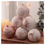 Lanpn 6 Pcs 6 Large Christmas Balls Ornaments, Outdoor Xmas Tree Hanging Decorations, Shatterproof Christmas Ball Ornament Set for Winter Holiday Home, Assorted Relief Pattern, White & Rose Gold SOME 