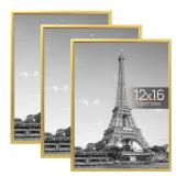 upsimples 12x16 Picture Frame Gold 3 Pack, Scratch-Proof Poster Frames 12 x 16 for Photo Gallery - Slide-In Strips, Horizontal or Vertical Wall Mounting