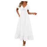 BTFBM Womens Summer Dresses 2025 Casual Short Sleeve V Neck Drawstring Wedding Guest Maxi Dresses Boho Beach Long Dress (White,Medium) - Retail $65