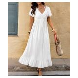 BTFBM Womens Summer Dresses 2025 Casual Short Sleeve V Neck Drawstring Wedding Guest Maxi Dresses Boho Beach Long Dress (White,Medium) - Retail $65