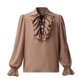 GRACEART Men's & Women's Brown Solid Renaissance, Steampunk, Gothic, Modern Ruffle Colonial Shirt Vampire Costume men's large