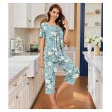 Bestbee Womens Pajama Set Plus Size 2 Piece Summer Sleepwear Henley Neck Sleeve Capri Pant With Pockets Ladies Pjs XL, Begonia Grayish Blue