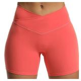 Aoxjox Trinity Workout Biker Shorts for Women Cross-Waist Crossover High Waisted Tummy Control Athletic Running Yoga Short 6\' (Spiced Coral, Small) - Retail: $28
