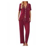 Ekouaer Women Pajamas Set Button Down Sleepwear Short Sleeve Nightwear with Long Pants Soft Pjs Set Dark Red M - Retail: $33