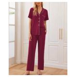 Ekouaer Women Pajamas Set Button Down Sleepwear Short Sleeve Nightwear with Long Pants Soft Pjs Set Dark Red M - Retail: $33