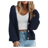 PRETTYGARDEN Womens Open Front Cardigans Sweaters Spring 2026 Chunky Knit Button Down Short Cardigan for Women Trendy (Dark Navy, Small) - Retail: $28