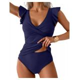 Aidonger Tankini Swimsuit for Women Tummy Control Two Piece Bathing Suit Ruched Ruffle Swimwear Top with Bottom Dark Blue 2XL - Retail: $39