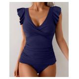 Aidonger Tankini Swimsuit for Women Tummy Control Two Piece Bathing Suit Ruched Ruffle Swimwear Top with Bottom Dark Blue 2XL - Retail: $39