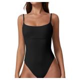 QINSEN Womens Adjustable Spaghetti Straps Removable Padded High Cut One Piece Swimsuit Black L - Retail: $37