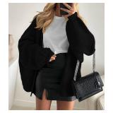 PRETTYGARDEN Womens Oversized Cardigan Sweaters 2025 Fall Long Lantern Sleeve Knit Open Front Lightweight Sweater (Black,Medium) - Retail: $40