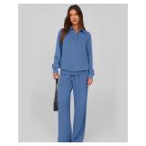 PRETTYGARDEN Women Fall 2 Piece Outfits Sweatsuits Quarter Button Long Sleeve Sweatshirt Wide Leg Pants Tracksuit Lounge Sets(Blue,Large) - Retail: $43
