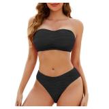 Adisputent Womens Bandeau Swimsuit 2025 Two Piece Strapless Ribbed Lace up Bikini Sets Cute High Cut Cheeky Bathing Suits Black M