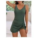 Aidonger One Piece Swim Dress Swimsuits for Women Tummy Control Swimdress Skirt V Neck Bathing Suit Army Green M - Retail: $39