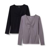 Amazon Essentials Women's Cinched V-Neck Long Sleeve Slim-Fit Rib-Knit T-Shirt, Pack of 2, Grey/Black, XX-Large - Retail: $19
