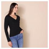 Amazon Essentials Women's Cinched V-Neck Long Sleeve Slim-Fit Rib-Knit T-Shirt, Pack of 2, Grey/Black, XX-Large - Retail: $19
