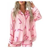 Aonoapll Women Christmas Pajamas Shorts Set Pink Candy Cane Pjs Long Sleeve Button Down Shirt Shorts 2 Piece Xmas Jammiesr(Bb Print Pink,Small) - Retail: $27
