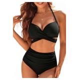 Black High Waisted Underwire Bikini Sets - Women 2025 Two Piece Swimsuits Halter Bathing Suits with Tummy Control Bottom S - Retail: $30
