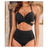 Black High Waisted Underwire Bikini Sets - Women 2025 Two Piece Swimsuits Halter Bathing Suits with Tummy Control Bottom S - Retail: $30