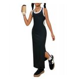 BEAUDRM Girl's Summer Cut Out Scoop Neck Maxi Dress Sleeveless Split Hem Casual Dresses Black 10Y - Retail: $30