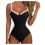 SUUKSESS Womens Tummy Control Slimming One Piece Swimsuits Sexy V Neck Crisscross Back Bathing Suits Push up Swimwear(Black,Large) - Retail: $37
