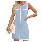 ZESICA Women's 2025 Summer Sleeveless Mini Dress Crewneck Button Knit Color Block Bodycon Party Short Dresses with Pockets,Blue,Small - Retail: $40