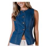 Women's Vintage Button Down Denim Tank Top Split Hem Sleeveless Vest Tops Blue Small