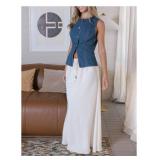 Women's Vintage Button Down Denim Tank Top Split Hem Sleeveless Vest Tops Blue Small