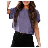 UNCLECAT Women's Cropped T Shirts Trendy Short Sleeve Crew Neck Crop Tops Solid Basic Tee Purple Small - Retail: $11
