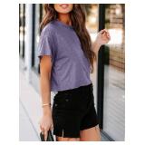 UNCLECAT Women's Cropped T Shirts Trendy Short Sleeve Crew Neck Crop Tops Solid Basic Tee Purple Small - Retail: $11