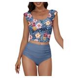 Eomenie Tankini Swimsuits for Women Ruched Tummy Control Bathing Suit Two Piece Swim Tank Top with High Waisted Bottom Blue Floral Medium - Retail: $39
