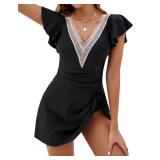 Blooming Jelly Women's Tummy Control Swimsuits One Piece Black Swimdress Lace V Neck Full Coverage Bathing Suits Black, Large - Retail: $24