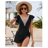 Blooming Jelly Women's Tummy Control Swimsuits One Piece Black Swimdress Lace V Neck Full Coverage Bathing Suits Black, Large - Retail: $24
