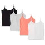 Amazon Essentials Women's Slim-Fit Camisole, Pack of 4, Coral Orange/Light Grey Heather/White, Medium - Retail: $20