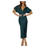 Satin V Neck Puffy Sleeves Silk Midi Dresses Empire Waist Elegant Tie Back Formal Cocktail Dress for Women Wedding Guest Forest Large - Retail: $49