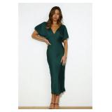 Satin V Neck Puffy Sleeves Silk Midi Dresses Empire Waist Elegant Tie Back Formal Cocktail Dress for Women Wedding Guest Forest Large - Retail: $49