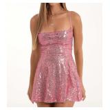 FEORJGP Womens Sparkly Sequin Mini Dress Shiny Spaghetti Strap Short Dress Glitter Disco Slip Dresses Cocktail Party Clubwear (E Pink, M) - Retail: $32