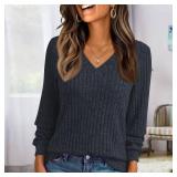 Women's Fall Tops 2025: V-Neck Long Sleeve Tunic Sweater for Dressy Casual Work Outfits | Cute, Trendy Knit Top (X-Large,Blue)