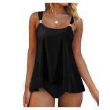 RXRXCOCO Women Tankini Bathing Suits Ruffle High Waisted Swimsuit Plus Size Tummy Control Swimwear Black Large - Retail: $32